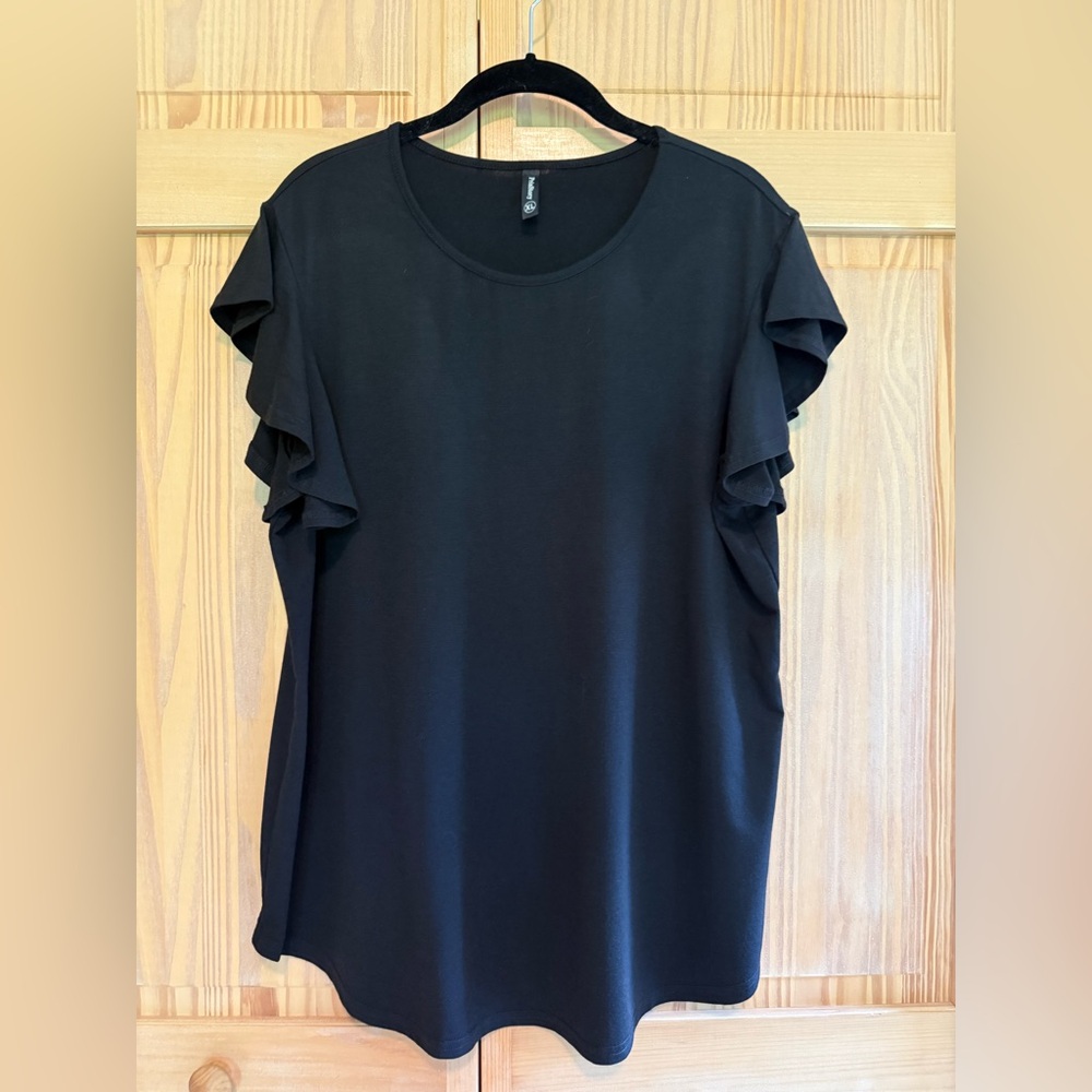 PrinStory casual knit black top with Short ruffled Sleeves